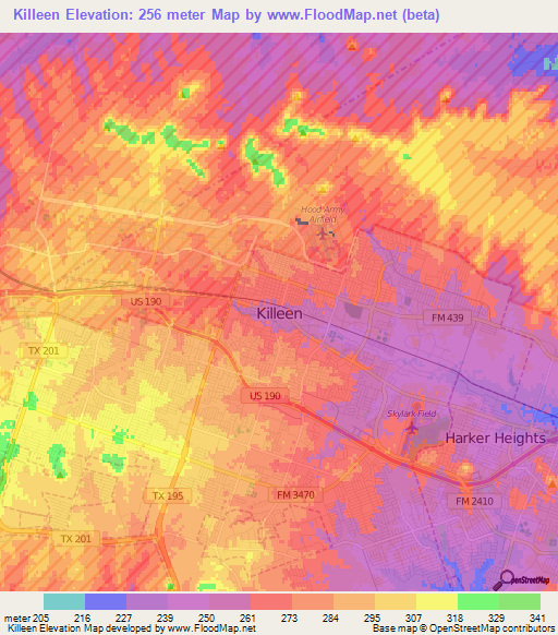 Elevation of Killeen,US Elevation Map, Topography, Contour