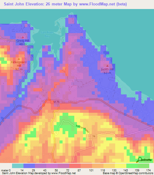 Saint John,U.S. Virgin Islands Elevation Map