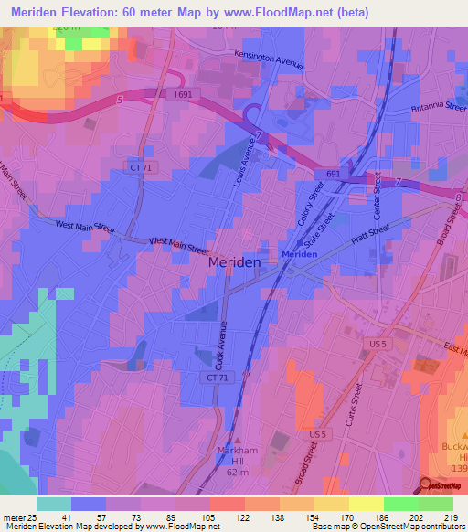 Elevation of Meriden,US Elevation Map, Topography, Contour