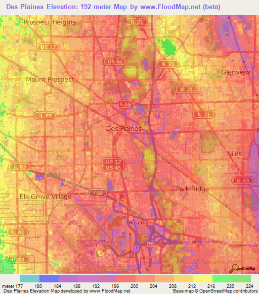 Des Plaines,US Elevation Map
