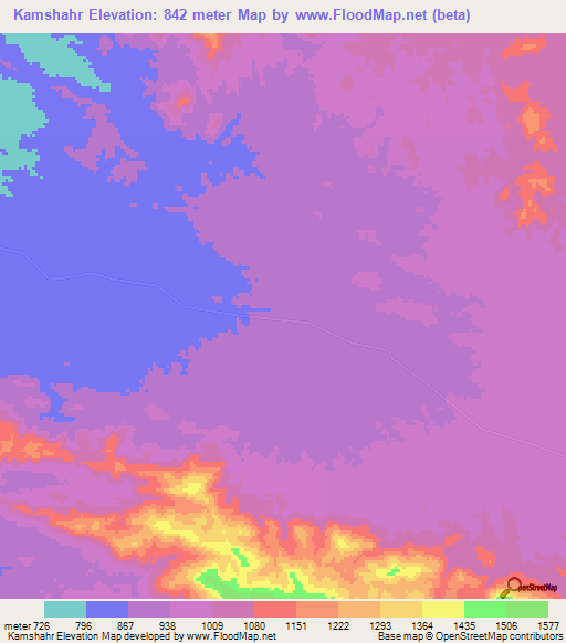 Kamshahr,Iran Elevation Map