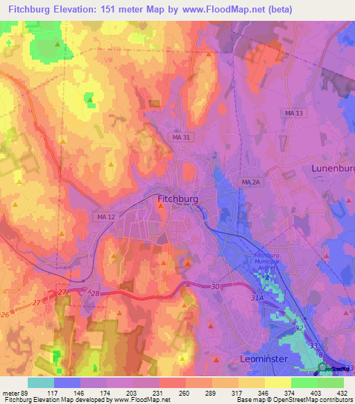 Fitchburg,US Elevation Map