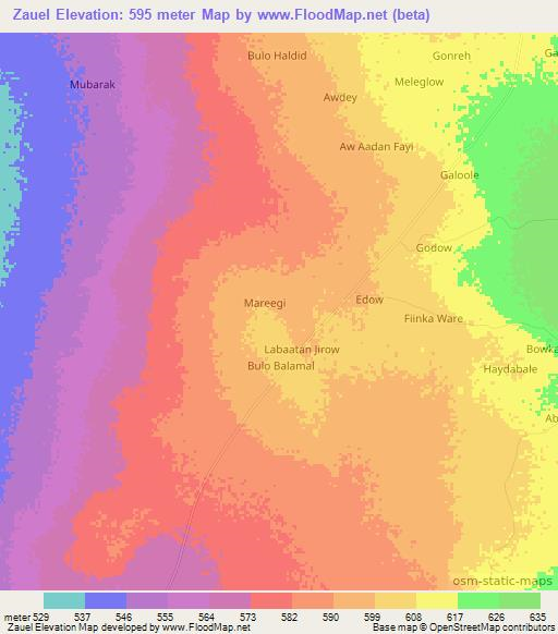 Zauel,Somalia Elevation Map