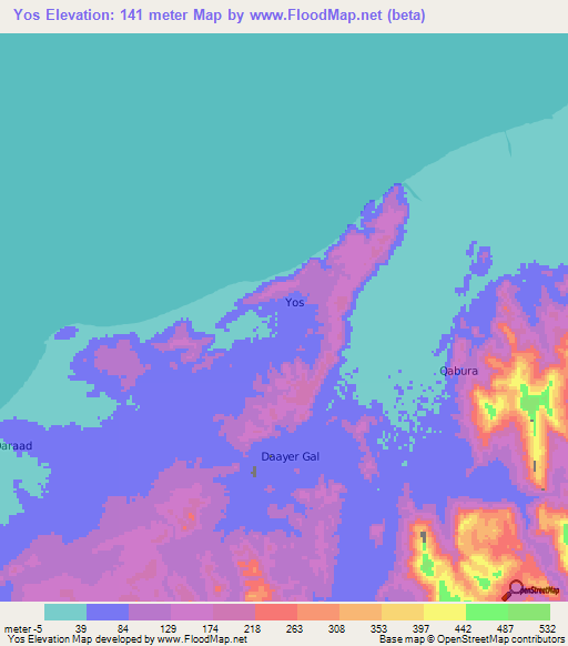 Yos,Somalia Elevation Map