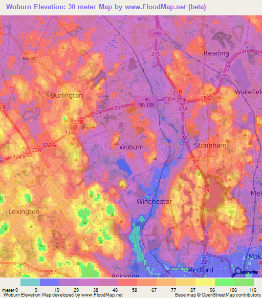 Woburn,US Elevation Map
