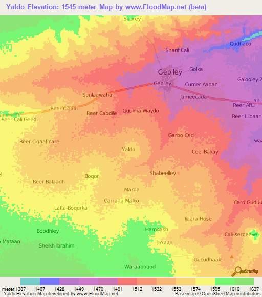 Yaldo,Somalia Elevation Map