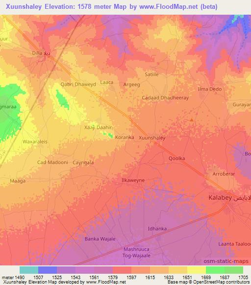 Xuunshaley,Somalia Elevation Map