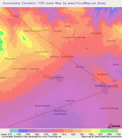 Xuunshaley,Somalia Elevation Map