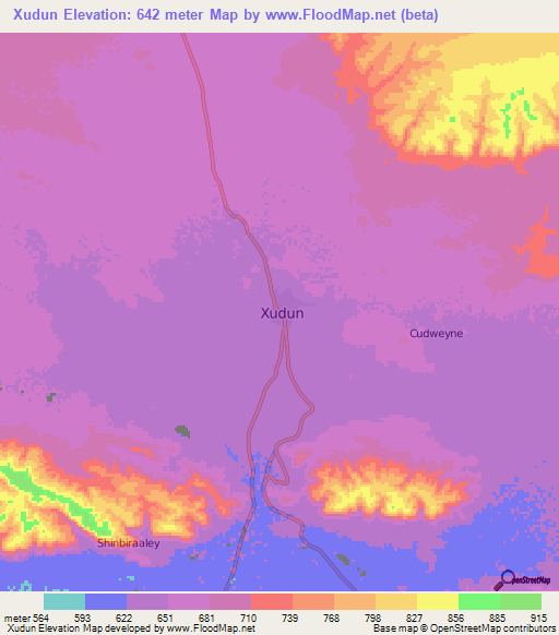 Xudun,Somalia Elevation Map