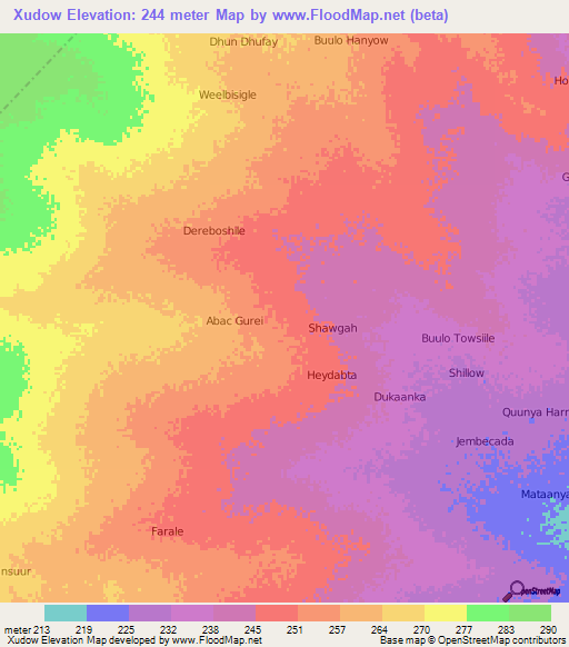 Xudow,Somalia Elevation Map