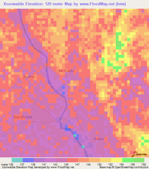 Xoorwadde,Somalia Elevation Map