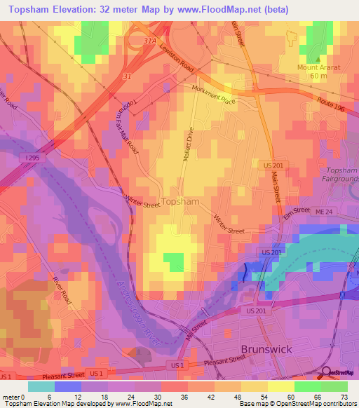 Elevation of Topsham,US Elevation Map, Topography, Contour