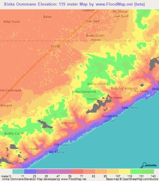 Xinka Oommane,Somalia Elevation Map