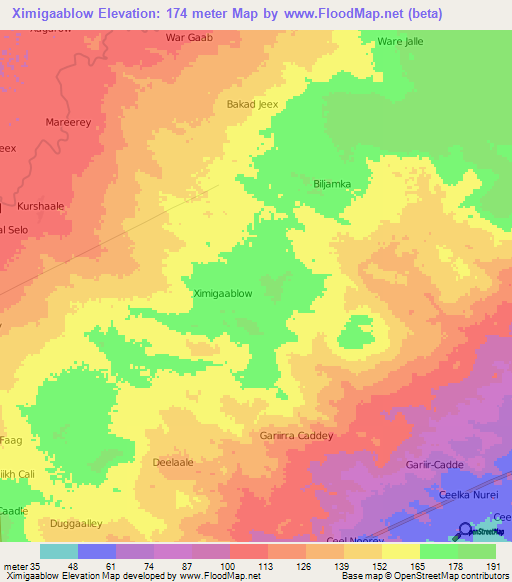 Ximigaablow,Somalia Elevation Map