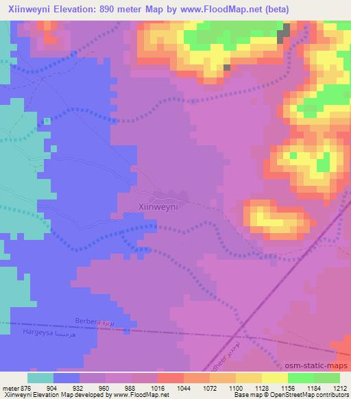 Xiinweyni,Somalia Elevation Map