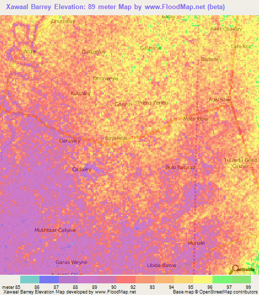 Xawaal Barrey,Somalia Elevation Map