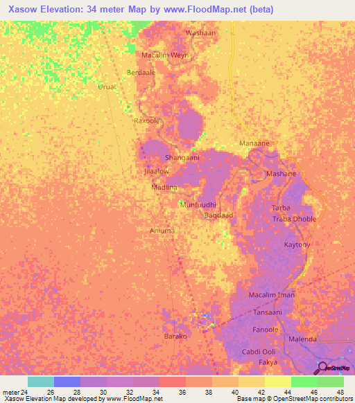 Xasow,Somalia Elevation Map