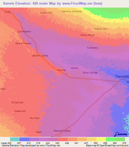 Xarerte,Somalia Elevation Map