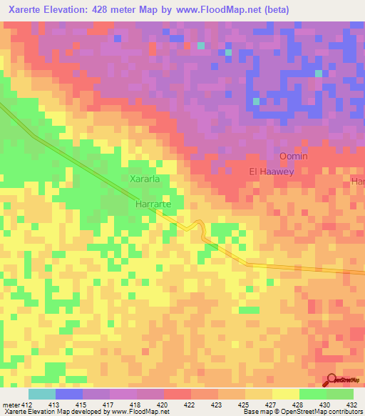 Xarerte,Somalia Elevation Map
