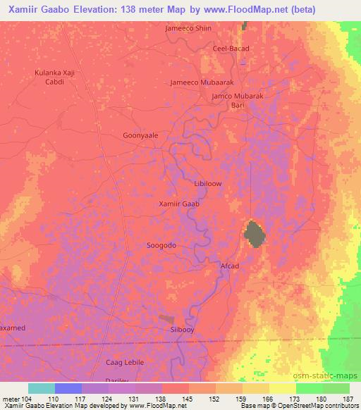 Xamiir Gaabo,Somalia Elevation Map