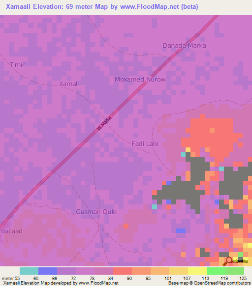 Xamaali,Somalia Elevation Map