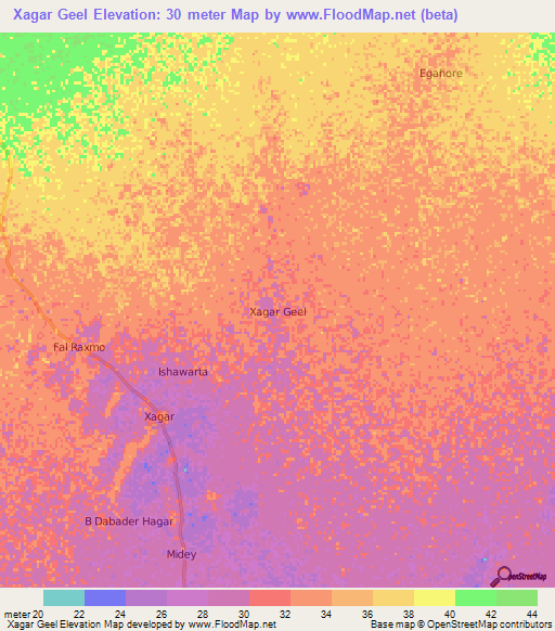 Xagar Geel,Somalia Elevation Map