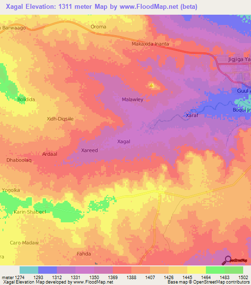 Xagal,Somalia Elevation Map