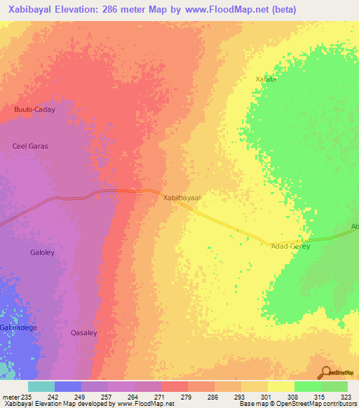 Xabibayal,Somalia Elevation Map