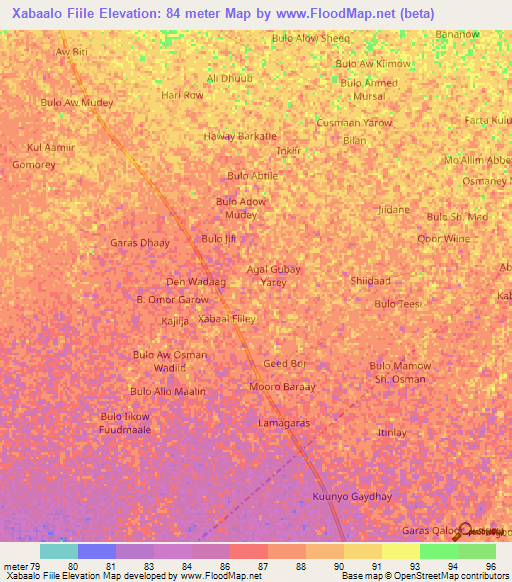 Xabaalo Fiile,Somalia Elevation Map