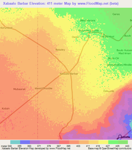 Xabaalo Barbar,Somalia Elevation Map