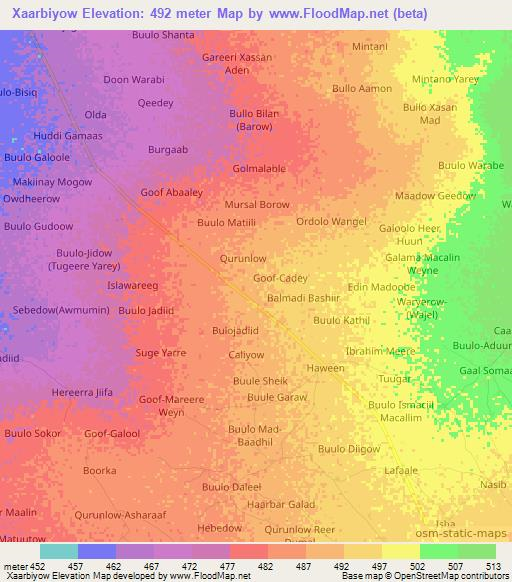 Xaarbiyow,Somalia Elevation Map