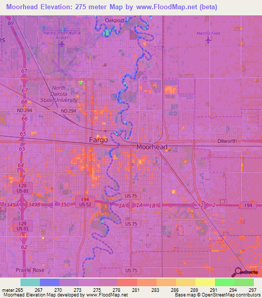 Elevation of Moorhead,US Elevation Map, Topography, Contour