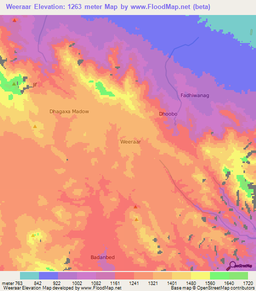 Weeraar,Somalia Elevation Map