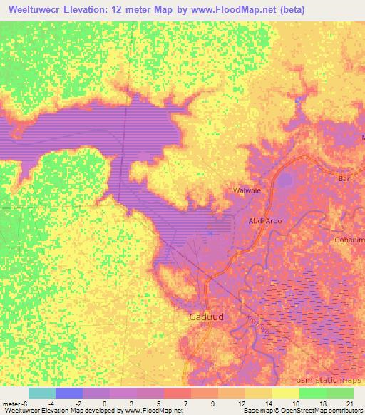 Weeltuwecr,Somalia Elevation Map