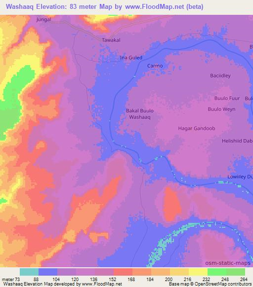 Washaaq,Somalia Elevation Map