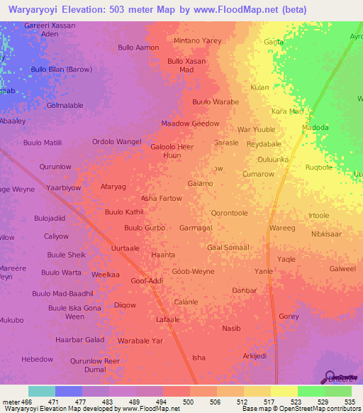 Waryaryoyi,Somalia Elevation Map