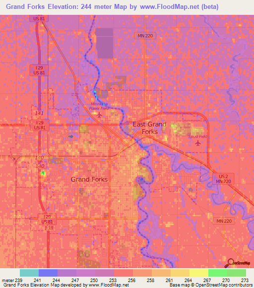 Elevation of Grand Forks,US Elevation Map, Topography, Contour