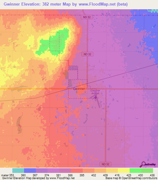 Elevation of Gwinner,US Elevation Map, Topography, Contour