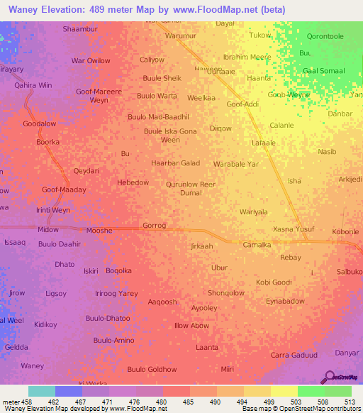 Waney,Somalia Elevation Map