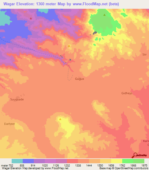 Wagar,Somalia Elevation Map