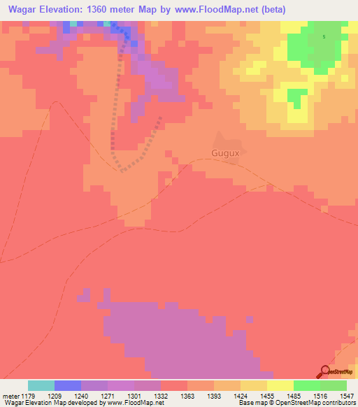 Wagar,Somalia Elevation Map