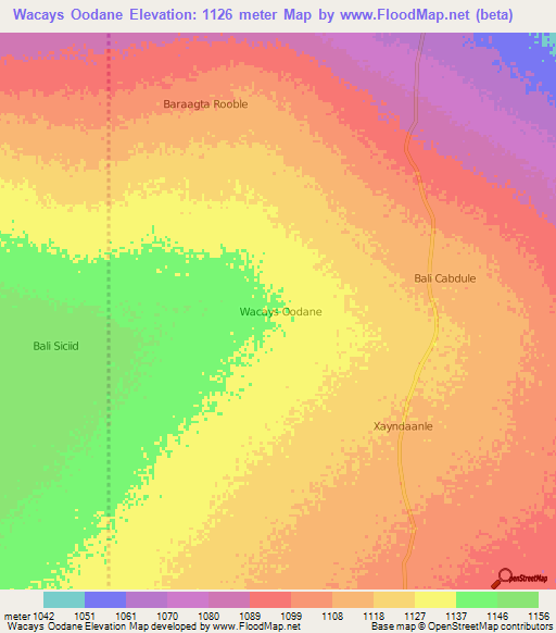 Wacays Oodane,Somalia Elevation Map