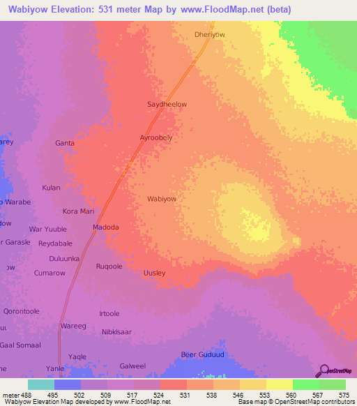 Wabiyow,Somalia Elevation Map