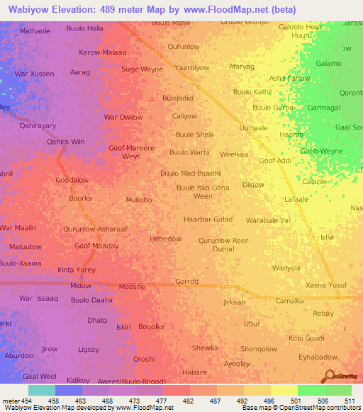 Wabiyow,Somalia Elevation Map