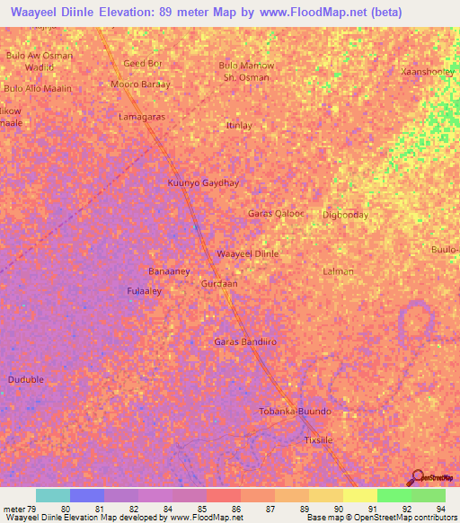 Waayeel Diinle,Somalia Elevation Map