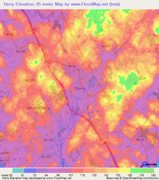 Derry,US Elevation Map