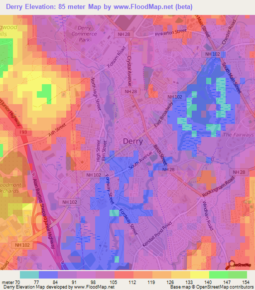 Derry,US Elevation Map