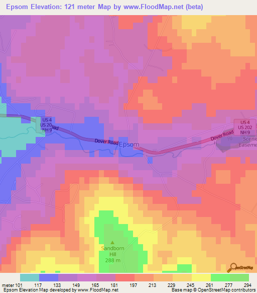 Epsom,US Elevation Map