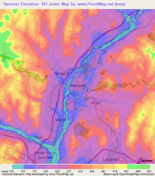 Hanover,US Elevation Map