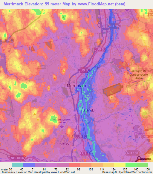 Merrimack,US Elevation Map